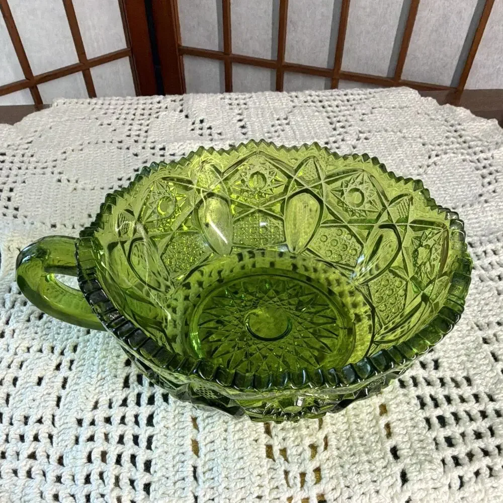 Vintage Olive Green L.E. Smith Glass Hobstar Nappy Candy Dish Scalloped Rim